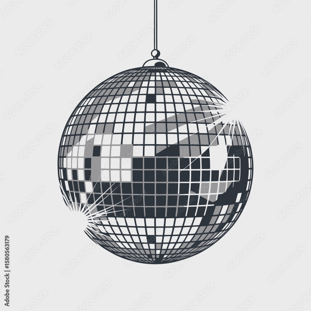 Fototapeta premium Silver Disco Ball Hanging from Ceiling Reflecting Light Grey Background Mirrored Surface Grid Pattern Sparkling Rays Festive Decoration Party Celebration Nightclub