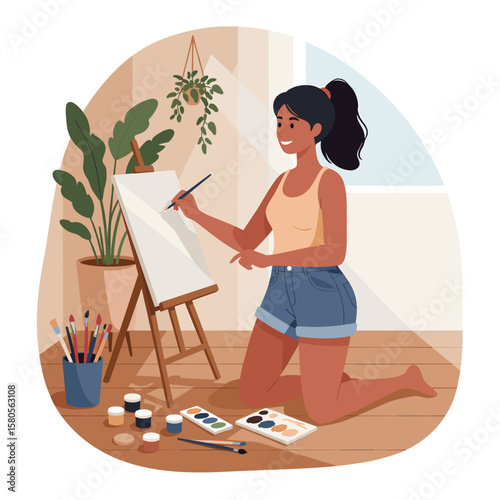Young Woman Painting on Easel at Home, Engaged in Artistic Hobby