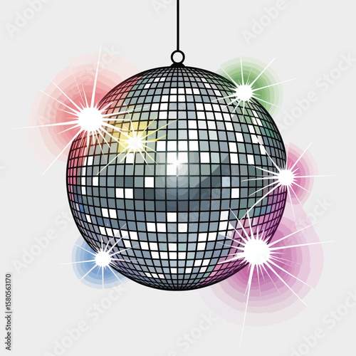 Silver Disco Ball with Rainbow Light Burst Hanging Against a Light Gray Background Mirrored Surface Reflecting Colorful Lights Festive Party Decoration
