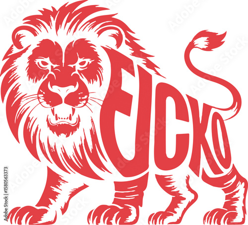 Red lion graphic with text forming its body and mane on white background typography