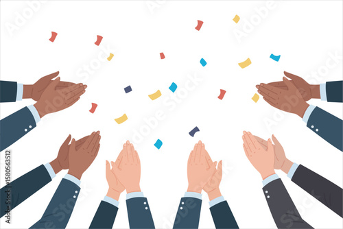 Flat vector illustration of diverse hands clapping with confetti in the air. Celebration, appreciation, and support concept. Business people applauding, isolated on white background.