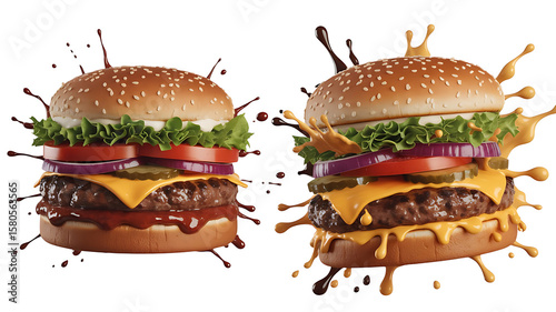 Two delicious juicy burgers with splashing sauces and cheese on a white background