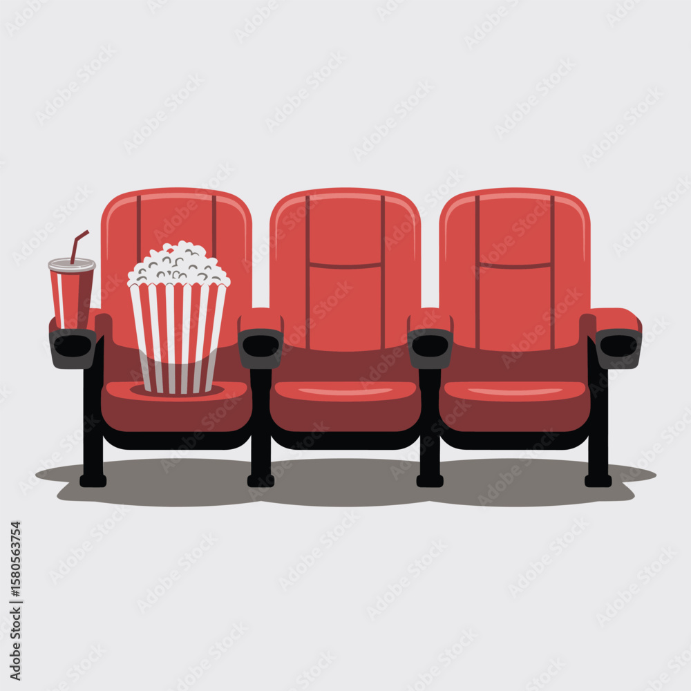 Fototapeta premium Three Red Movie Theater Seats with Popcorn and Soda Cup a Simple Flat Illustration of Empty Seats Ready for Moviegoers a Classic Cinema Experience Depicted in a Minimalist Style