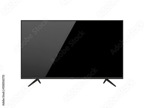 Modern flat screen television with black bezel and stand isolated on white background