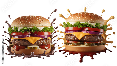 Two delicious gourmet burgers with dripping sauces against a white background