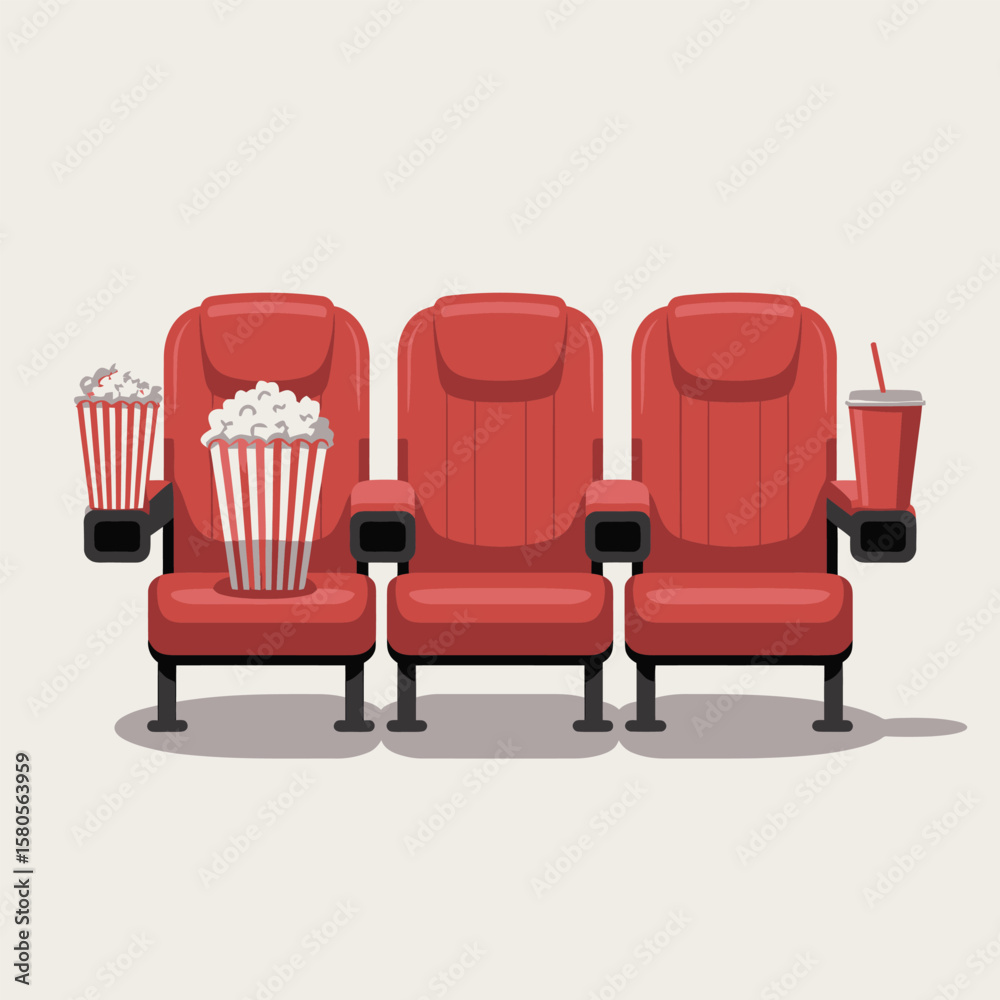 Fototapeta premium Three Red Movie Theater Seats with Popcorn and Soda Ready for Moviegoers Enjoying a Film Night Out Cinema Experience