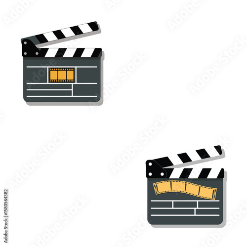 Two Dark Gray Film Clapperboards with Black and White Stripes and Orange Film Strips on White Background Simple Flat Design Movie Production Icon Set