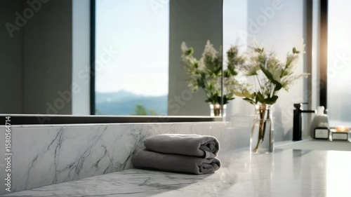 A clean and modern bathroom interior design, complete with a vanity table and essential hygiene accessories.