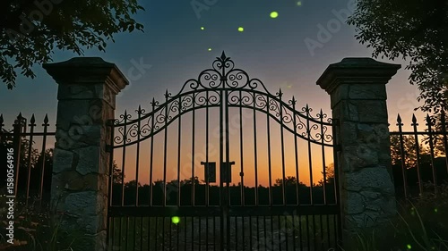 Ornate gate at sunset with fireflies dancing nearby