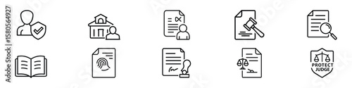  icon set of law and documentation including contracts, lawyer review, legal documents, signatures, court papers, and official certificates for compliance, legal apps, Legal and Documentation Icon Set