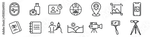 Travel and Location Icon Set, Line icon set of travel essentials including passport, camera, landmarks, trip planning, GPS location, photo capturing, and geotag icons for tourism, vacation