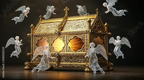 Ornate golden chest with ethereal angels in flight