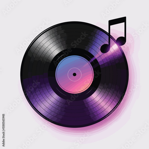 Black Vinyl Record with Pink and Blue Gradient Label and Glowing Music Note image
