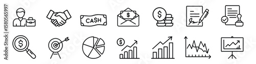 Business and Finance Icon Set, icon set for business and finance management including users, handshake, cash, envelopes, reports, graphs, target, magnifier, growth metrics for financial analysis