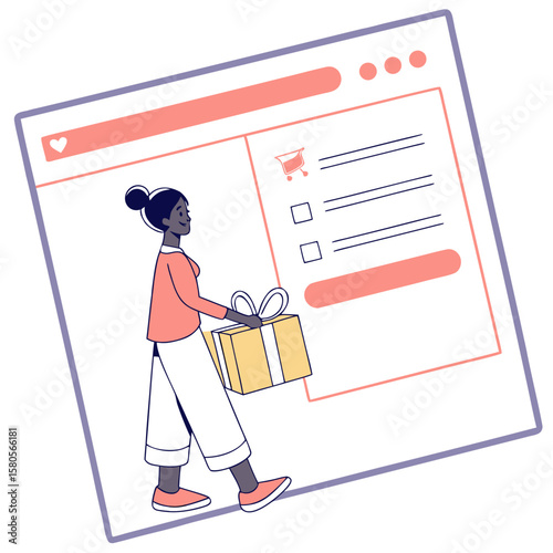 Woman carrying a gift box in front of an online shopping interface with a cart and checklist items shown