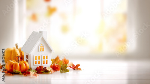 Charming autumn decoration with small white house, orange pumpkins, and colorful fall leaves on wooden surface, creating warm and cozy seasonal atmosphere