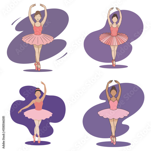 Four Ballet Dancers in Pink Tutus on Purple Backgrounds Elegant Line Art Illustrations Diverse Female Ballerinas in Pointe Shoes Graceful Poses