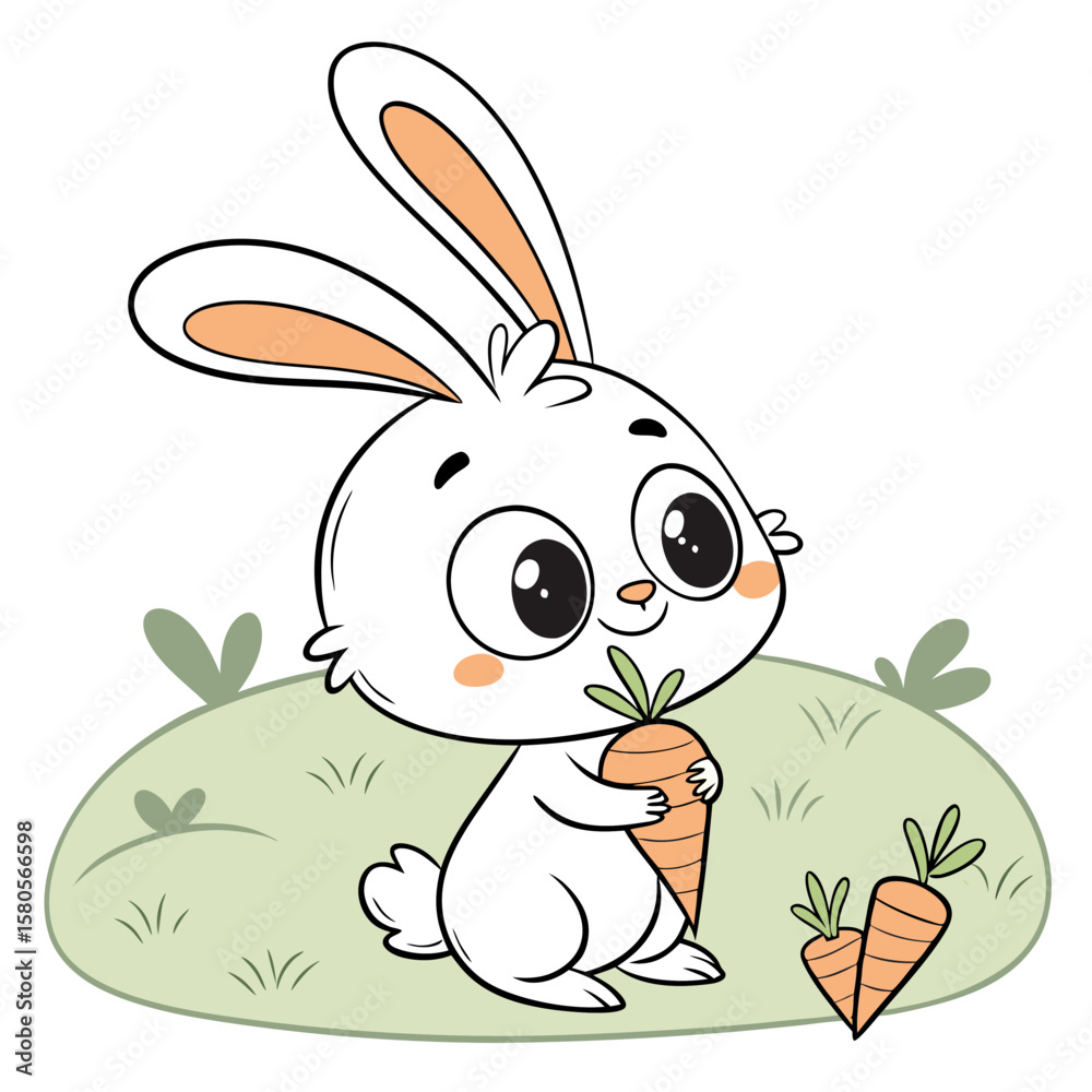 Obraz premium Cute cartoon bunny rabbit holding a carrot in a grassy field vector clipart