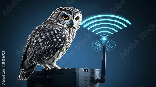 Owl perched on a computer with WiFi signal glowing