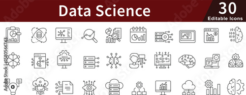 Data Science Line Icons Set with Editable Stroke for Analytics, Machine Learning, Big Data, and Statistical Analysis