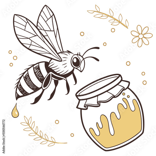 A bee flying towards a jar of honey vector clipart