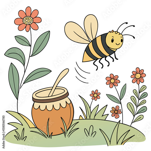 A cute bee flying towards a honey pot in a garden vector clipart