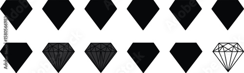 Diamond Silhouette Vector Collection, Black and White Gemstone Clipart, Geometric Jewel Icons for Fashion, Jewelry Design, Luxury Branding Concepts