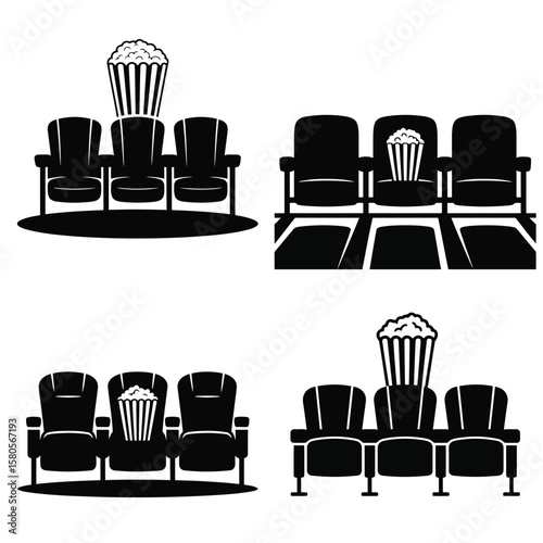 Four Black and White Illustrations of Movie Theater Seats with Popcorn Buckets cinema chairs