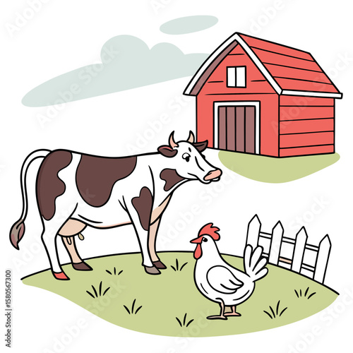 A cow and chicken stand in a grassy field near a red barn vector clipart