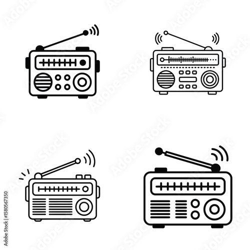 Four Black and White Line Drawings of Vintage Portable Radios with Telescopic Antennas and Radio Waves Illustration Pack 14