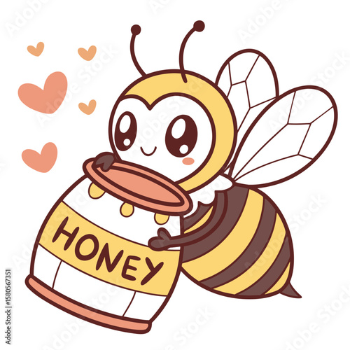 A cute cartoon bee hugs a pot of honey with hearts vector clipart
