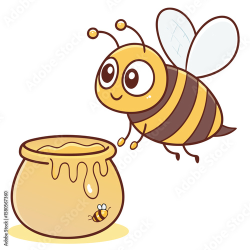A cute cartoon bee flies towards a pot of honey vector clipart