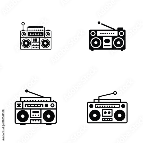 Four Black and White Retro Boombox Cassette Tape Player Icons Set Vintage Style 80s 90s Music Graphic Design Elements