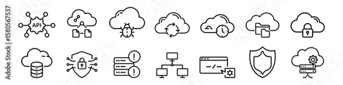 Cloud and Network Infrastructure Icon Set, Cloud computing icon set with data network infrastructure elements including secure cloud storage, API integration, nodes, cloud sync, server status monitor