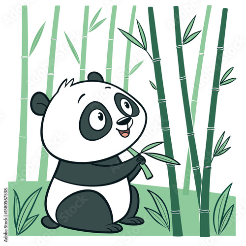 A cute panda standing among bamboo stalks eating leaves vector clipart