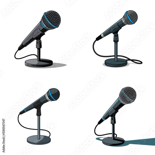 Four Black Microphones on Stands with Blue Accents Isolated on White Background Pack 26 Different Angles and Positions of Microphones on Tabletop Stands Audio Equipment