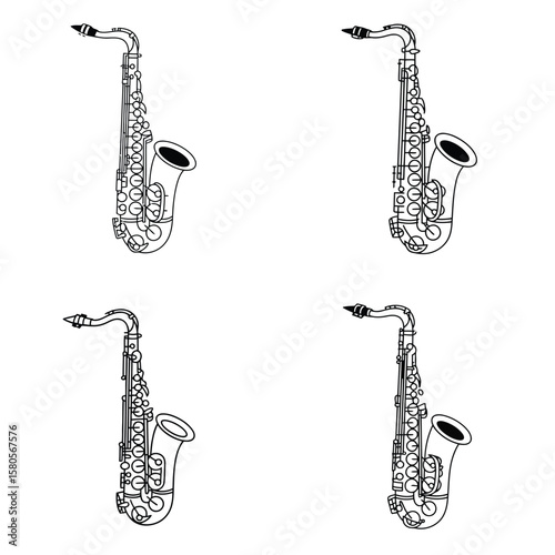 Four Black Outline Drawings of Alto Saxophones on White Background Simple Line Art Musical Instrument Illustrations Pack 18
