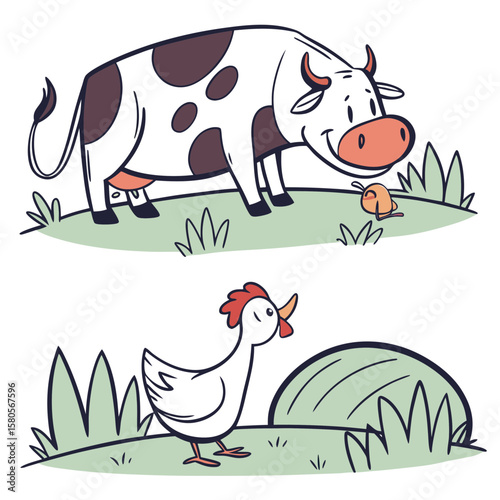 Farm animals cow and chicken in a grassy field vector clipart