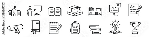 Education related icon set, Education, learning and academic icons including school, teacher, book, graduation cap, diploma, backpack, exam results