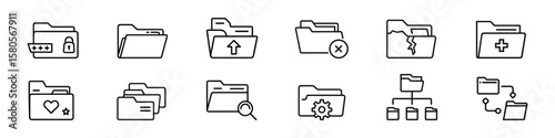 Folder management and data organization icon set with upload, favorite, settings, search, structure, sync features