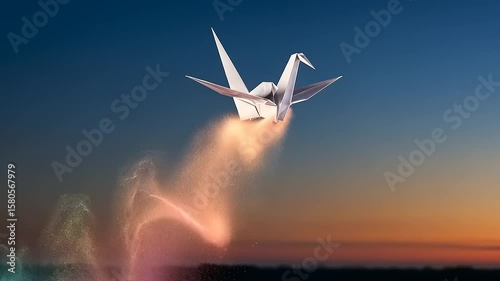 Paper crane flying with colorful smoke at sunset