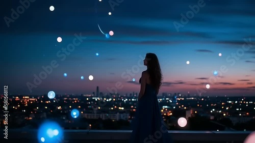 Woman in a flowing dress gazes at a starry sky over a city skyline at dusk