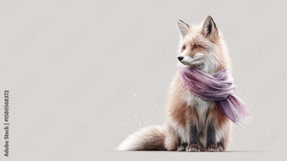 Fototapeta premium Elegant fox sitting in snow wearing a flowing lavender scarf on grey background
