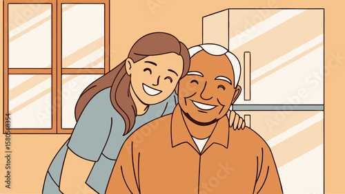 Joyful granddaughter embraces her smiling grandfather in a warm home setting