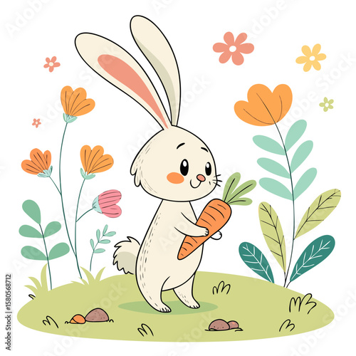 A cute bunny rabbit happily eating a carrot in a garden vector clipart