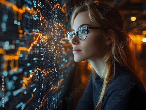 Businesswoman reviewing holographic insurance data