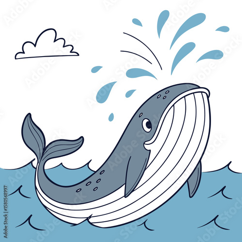 A cartoon whale spouts water near a cloud vector clipart