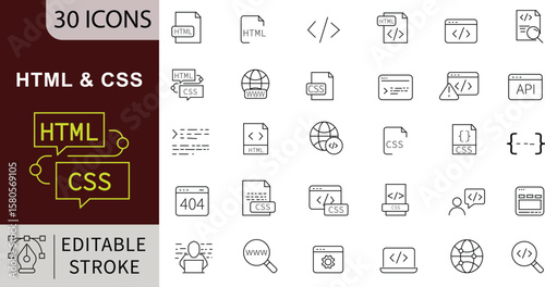 HTML and CSS Line Icons: Web Development, Front-End and Code Programming Vectors