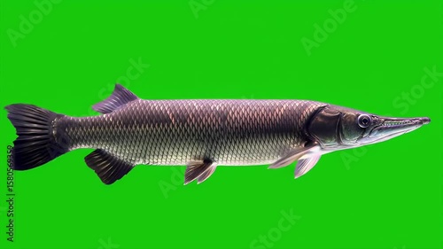 Large Freshwater Fish with Distinct Scales and Elongated Body Isolated on Bright Green Background, Ready for Compositing