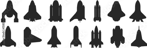 Rocket and Space Shuttle Silhouette Vector Set, Aerospace Clipart Icons, Spacecraft Launch Illustration, NASA Design Elements, Black Graphic Artwork